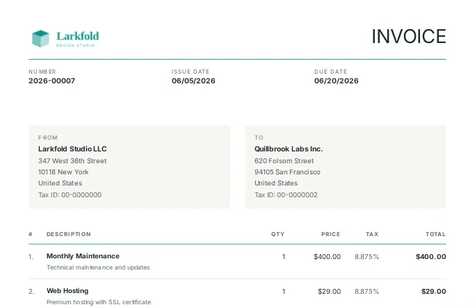 The overdue demo invoice 2026-00007 to Quillbrook Labs Inc., $467.07